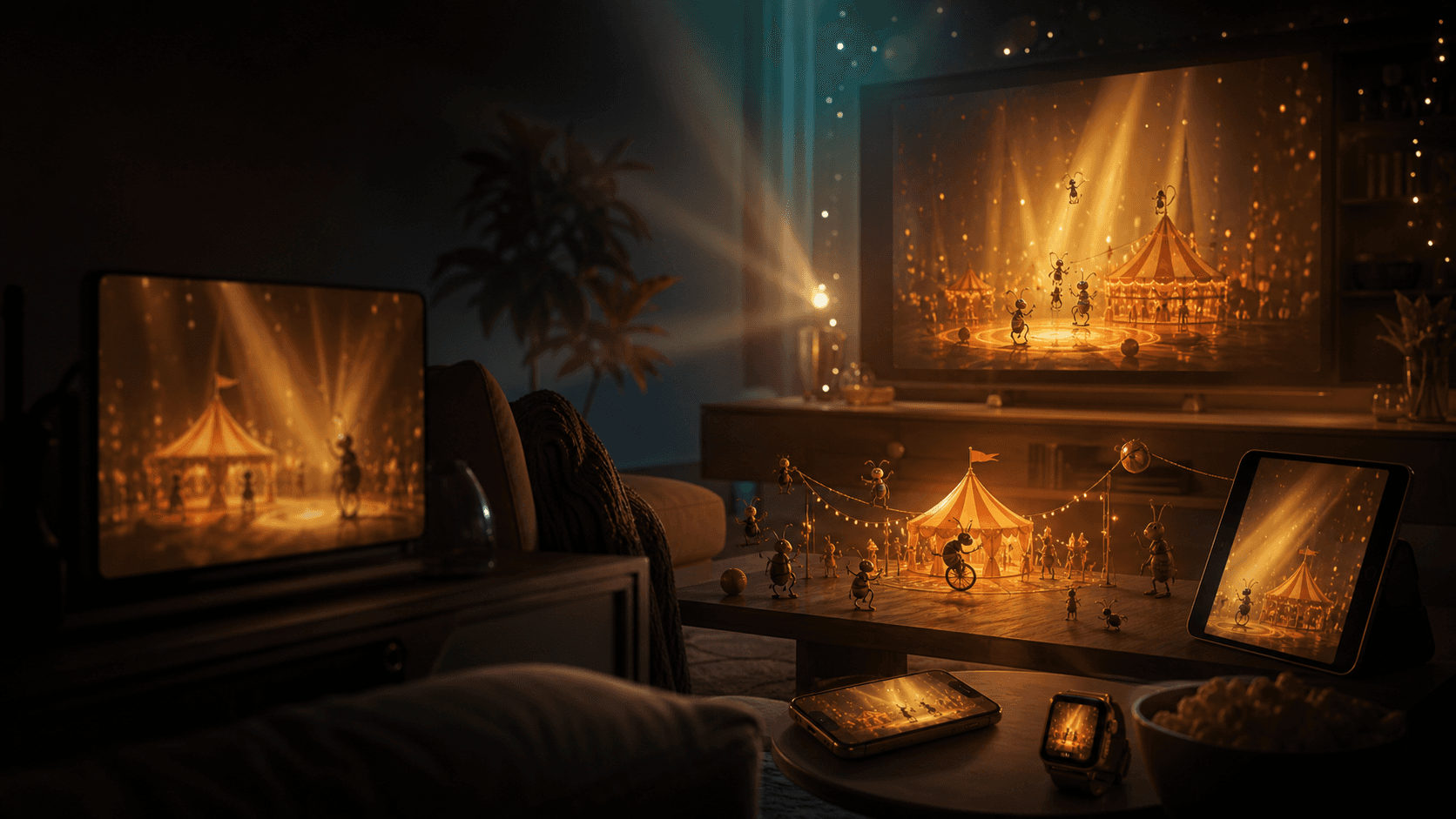 Fleawinder: Living Circus illustrated across iPhone, iPad, and Apple TV