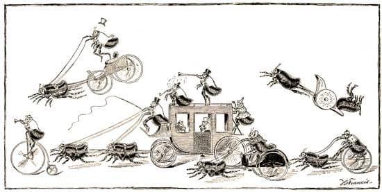 An 1886 illustration of fleas racing with miniature bicycles and carriages