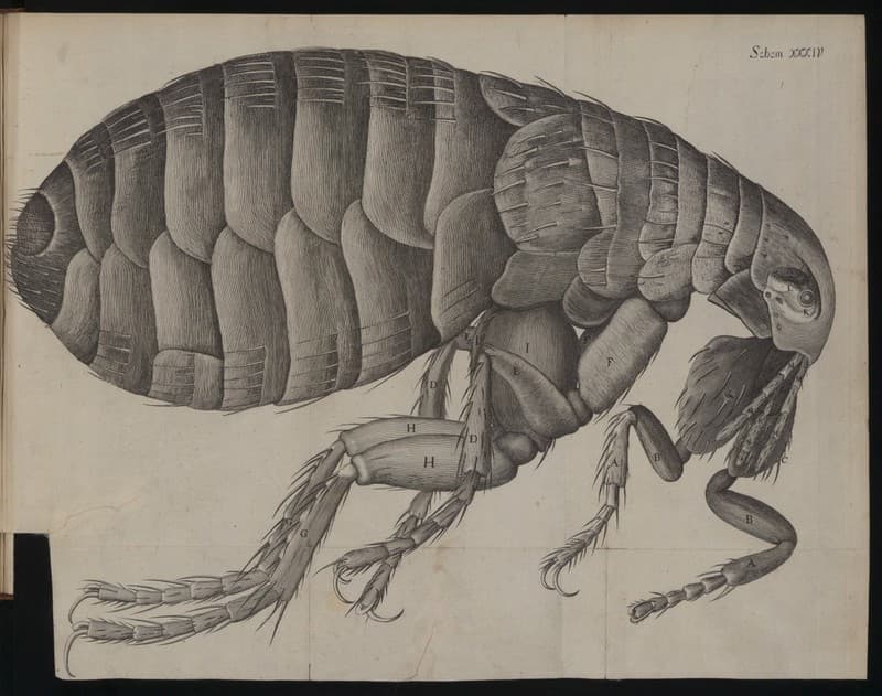 Robert Hooke's engraved flea from Micrographia, published in 1665