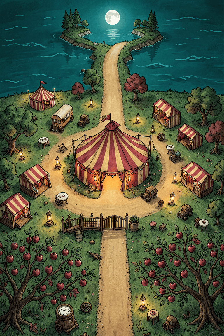 An illustrated night map of the Fleawinder: Living Circus grounds