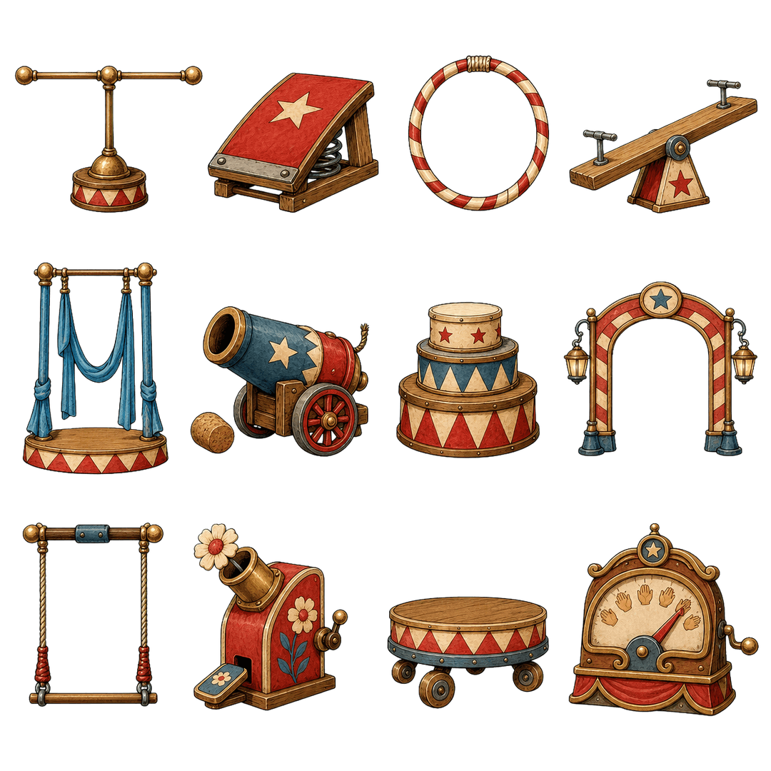 Illustrated collection of tiny habitat props from the Fleawinder: Living Circus workshop